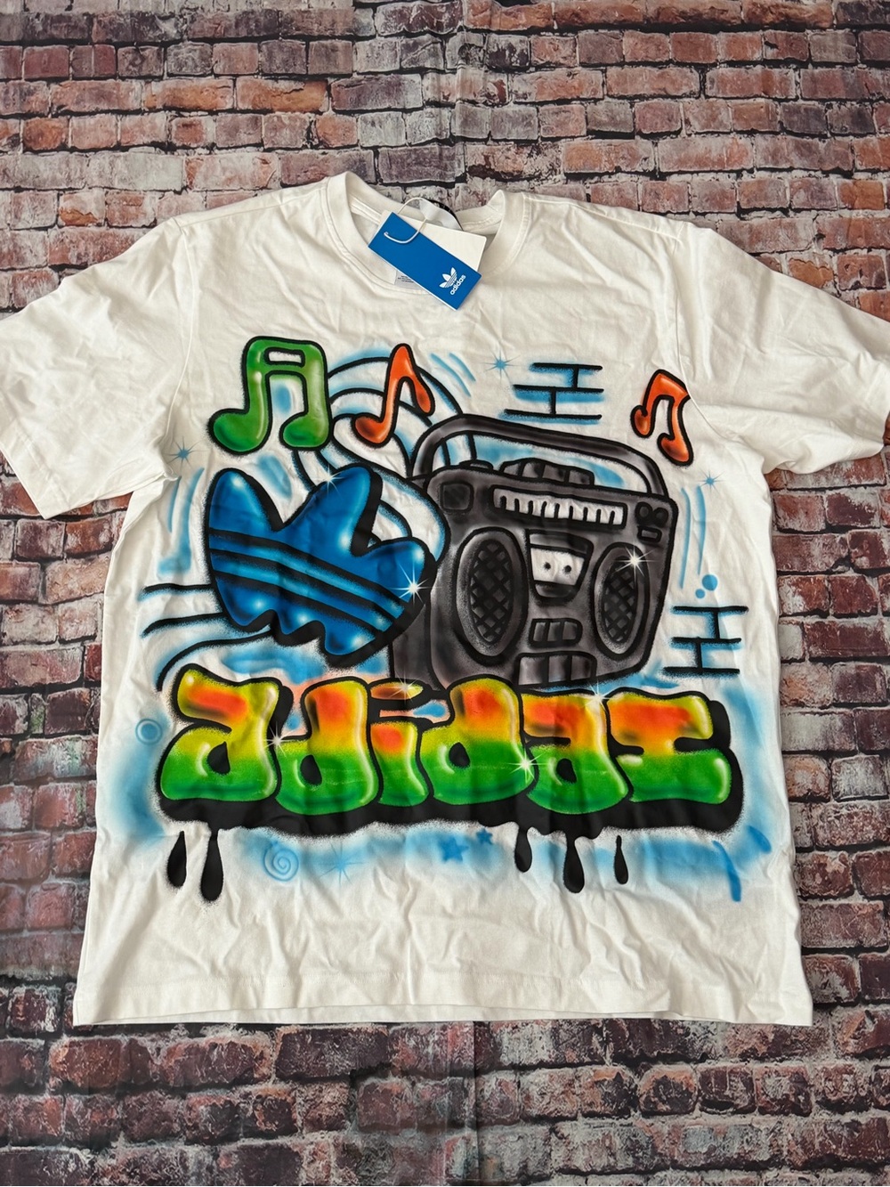 adidas White Tee with Neon Green Blue and Orange Airbrush Graphic